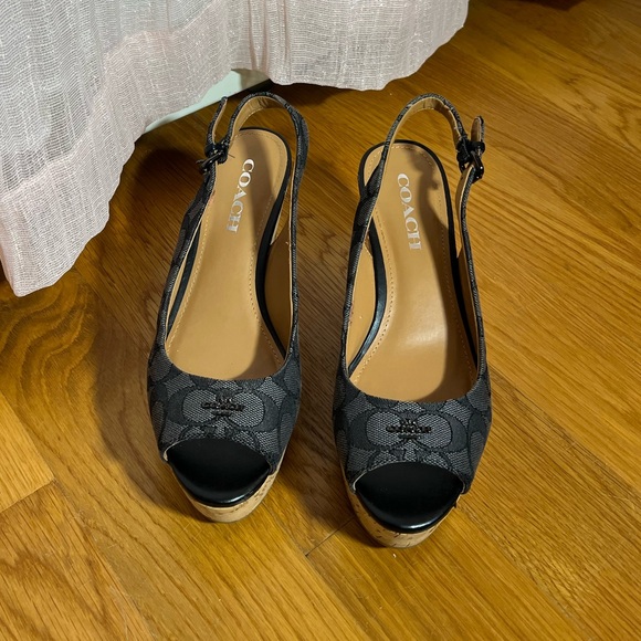 Coach Black Peep Toe Slingback Wedges - Picture 1 of 5